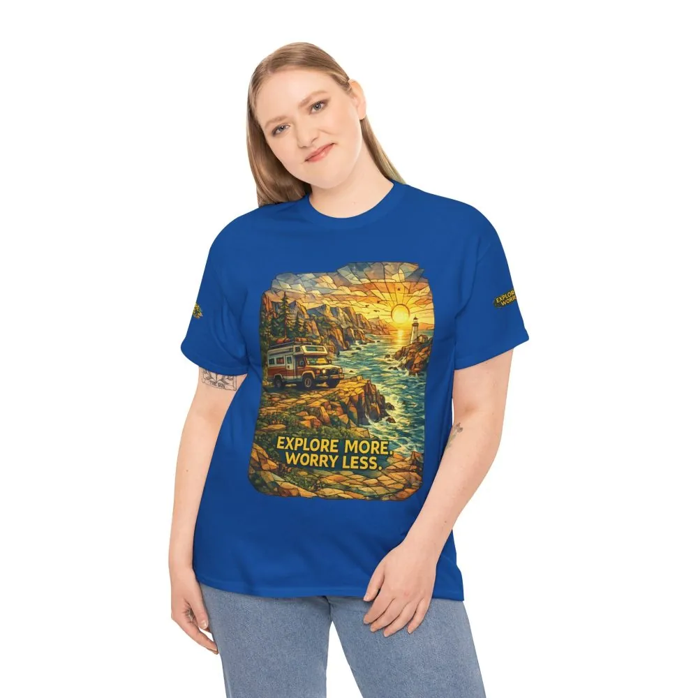 768438321648062748_2048.jpeg Unisex Heavy Cotton Tee — "Explore More Worry Less" Design Cubic-Line