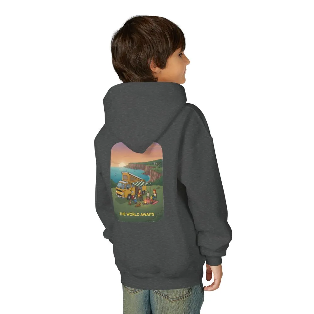 Youth Hoodie(Gildan) – "The World Awaits" (Design Sitcom-Line)