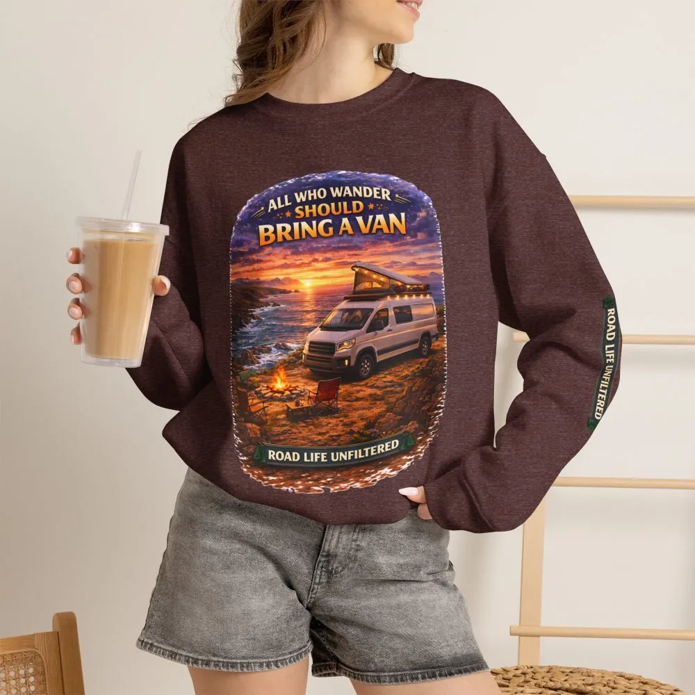 7700753839226657288_2048.jpeg Unisex Heavy Blend™ Crewneck Sweatshirt — "All Who wander Should Bring A Van" Design Scenic-Line