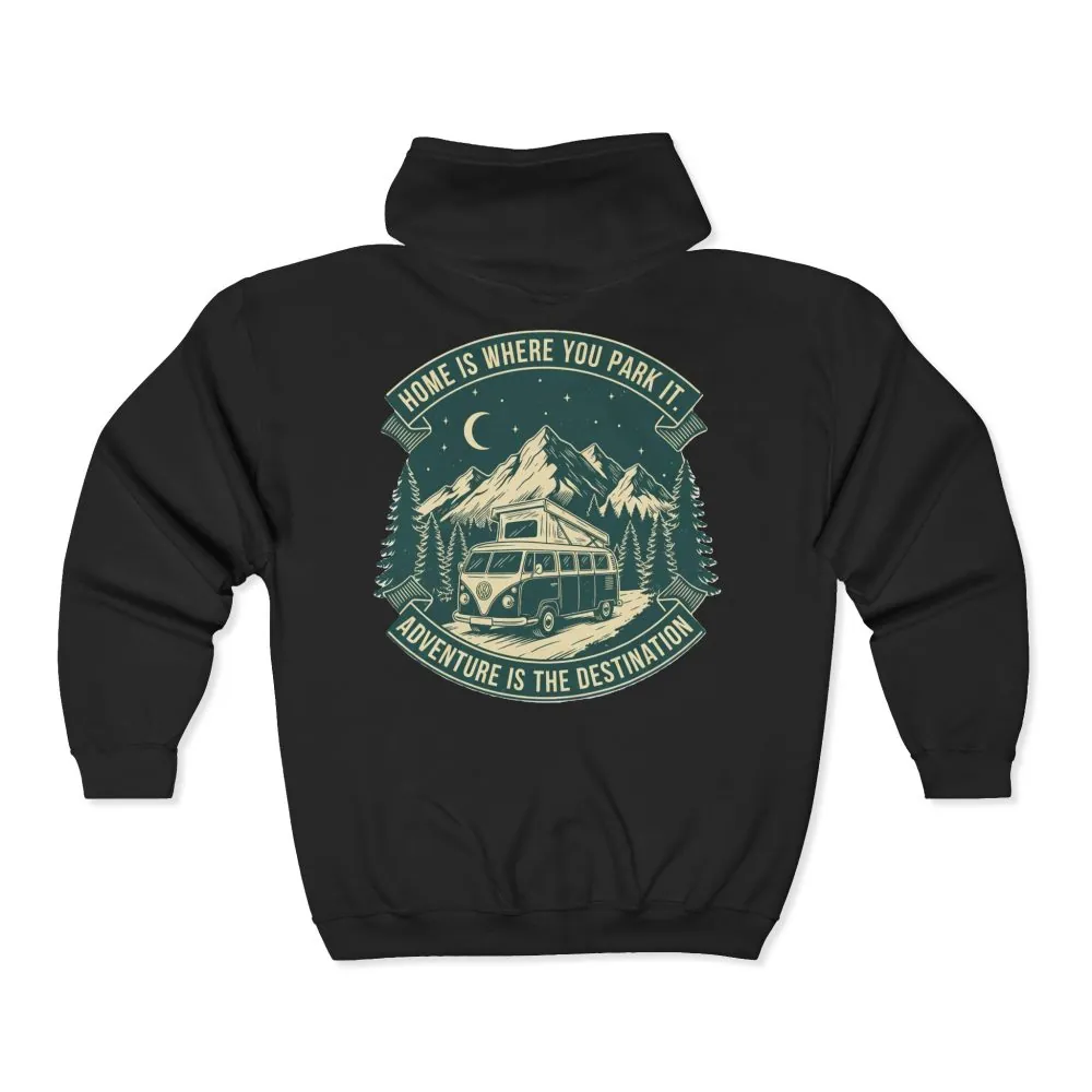 7705903511975663274_2048.jpeg Zip Hoodie — "Home Is Where You Park It-Adventure is the destination"(Only Back Printed) Camper Van Adventure Zip-Up