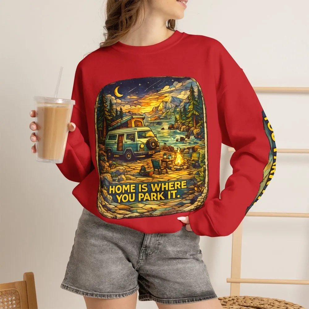 7706939956379775304_2048.jpeg Unisex Heavy Blend™ Crewneck Sweatshirt — "Home Is Where You Park It" Design Cubic-Line
