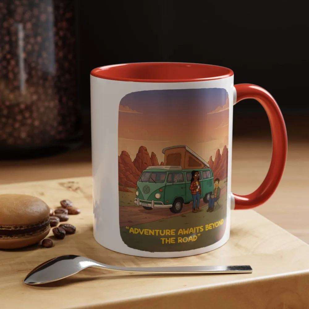 Accent Coffee Mug (11, 15oz) — "Adventure Awaits Beyond The Road" Design Sitcom-Line