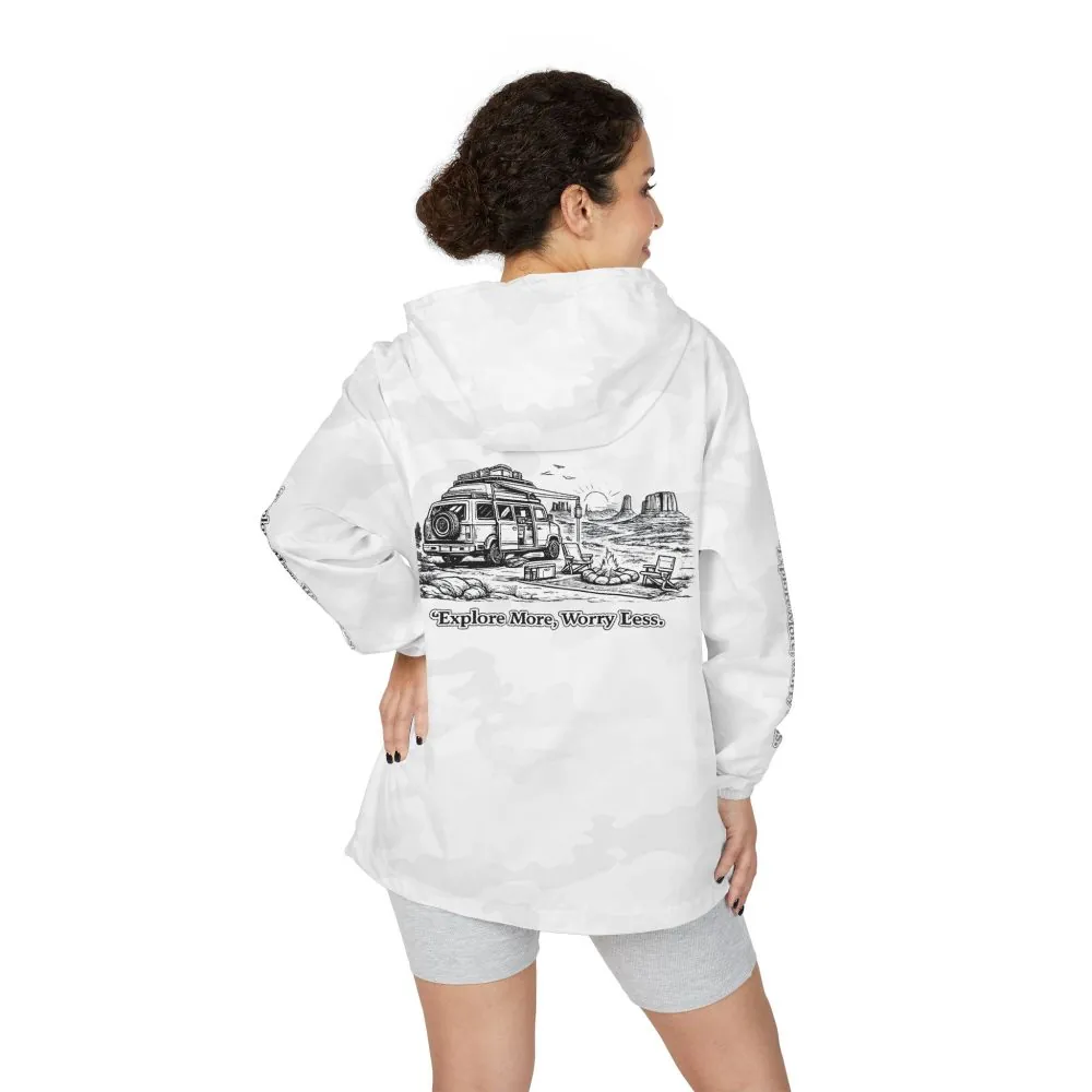 Unisex Full-Zip Windbreaker Jacket — "Explore More, Worry Less" (Design "Minimal-Line")
