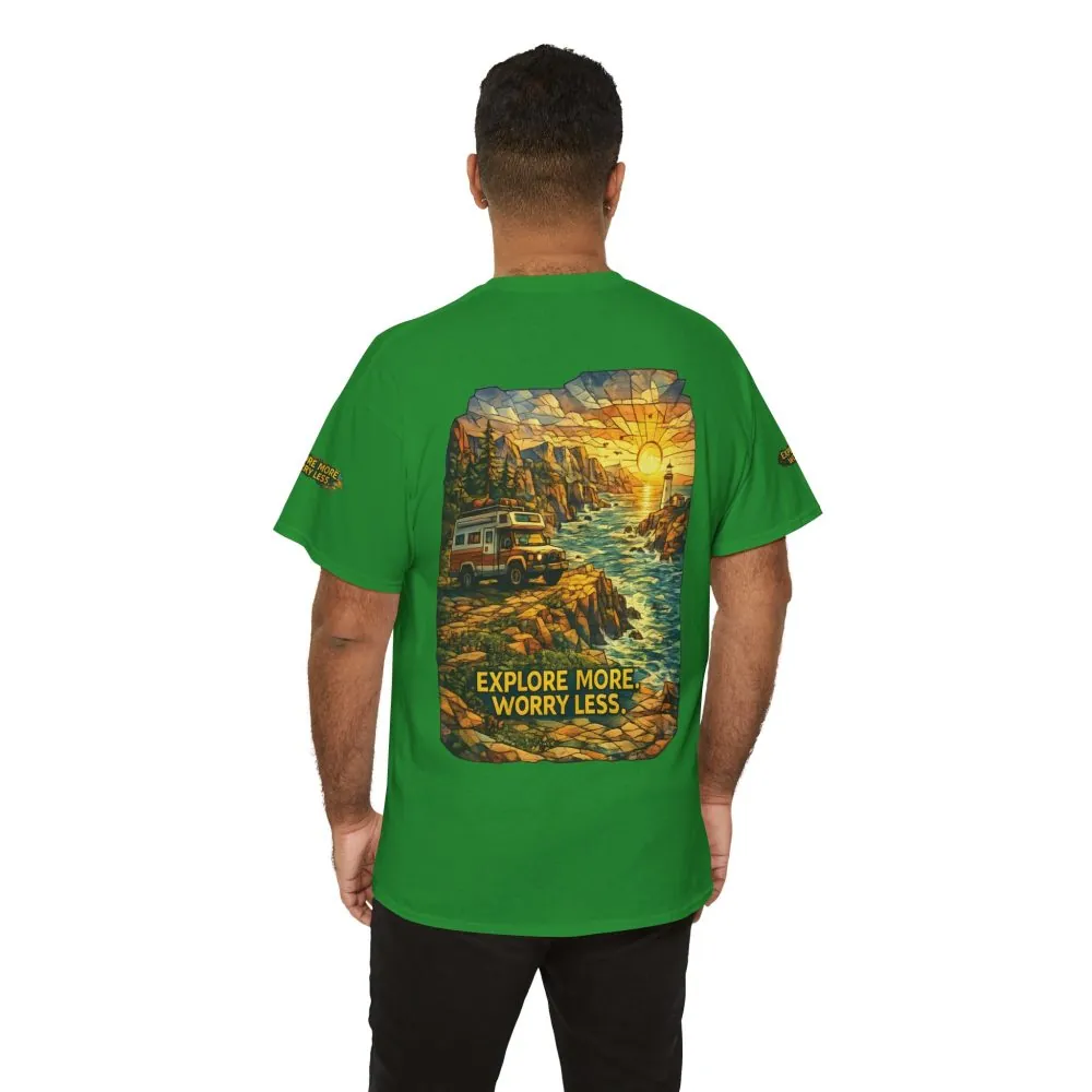 7749356895456430866_2048.jpeg Unisex Heavy Cotton Tee — "Explore More Worry Less" Design Cubic-Line