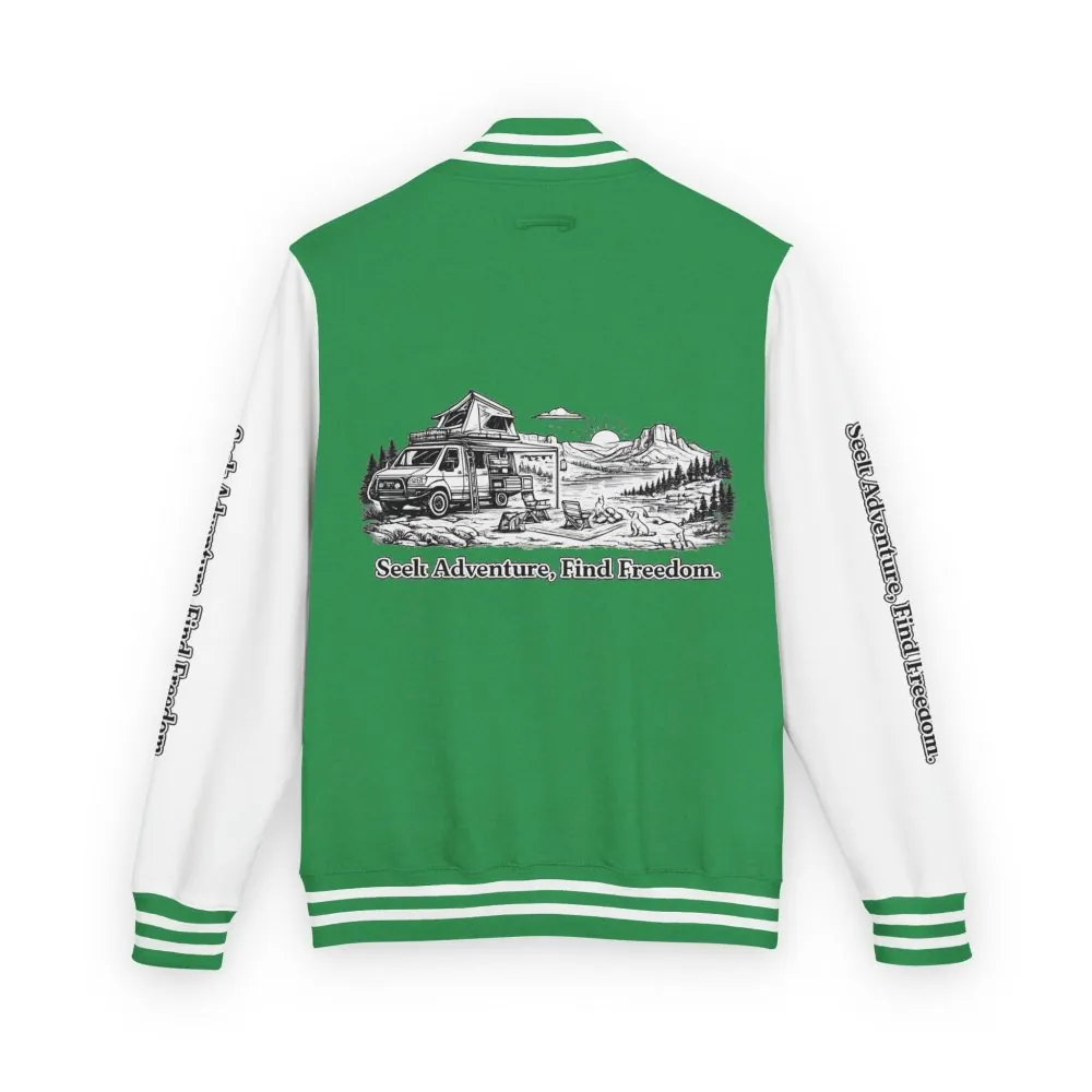 Unisex Heavyweight Letterman Jacket — "Seek Adventure, Find Freedom" Travel Varsity Coat