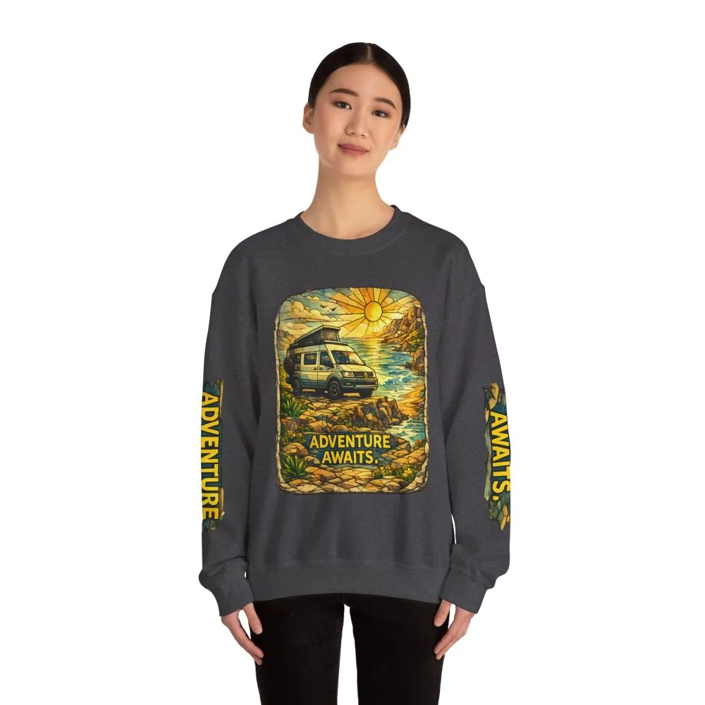 Unisex Heavy Blend™ Crewneck Sweatshirt — "Adventure Awaits" Design Cubic-Line