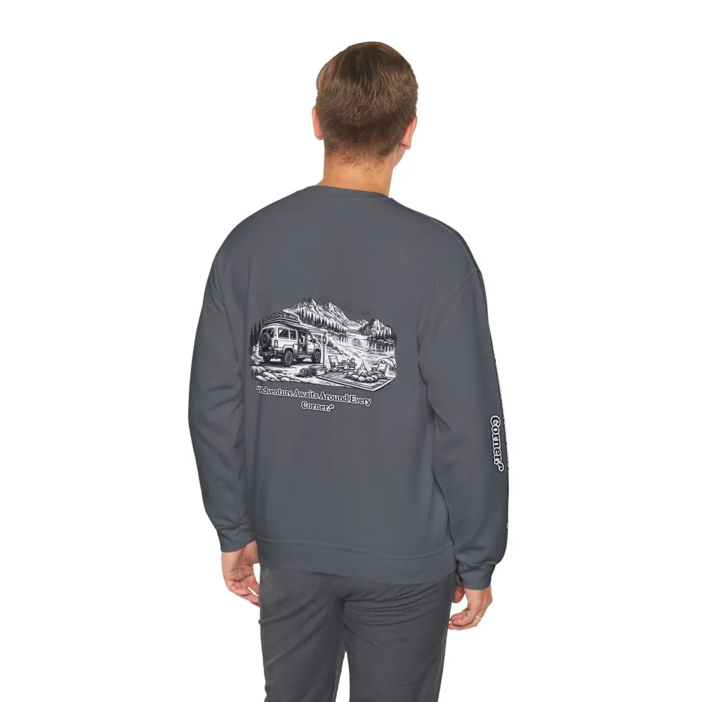 7772707234943004845_2048.jpeg Unisex Heavy Blend™ Crewneck Sweatshirt — "Adventure Awaits Around Every Corner" Design Minimal-Line