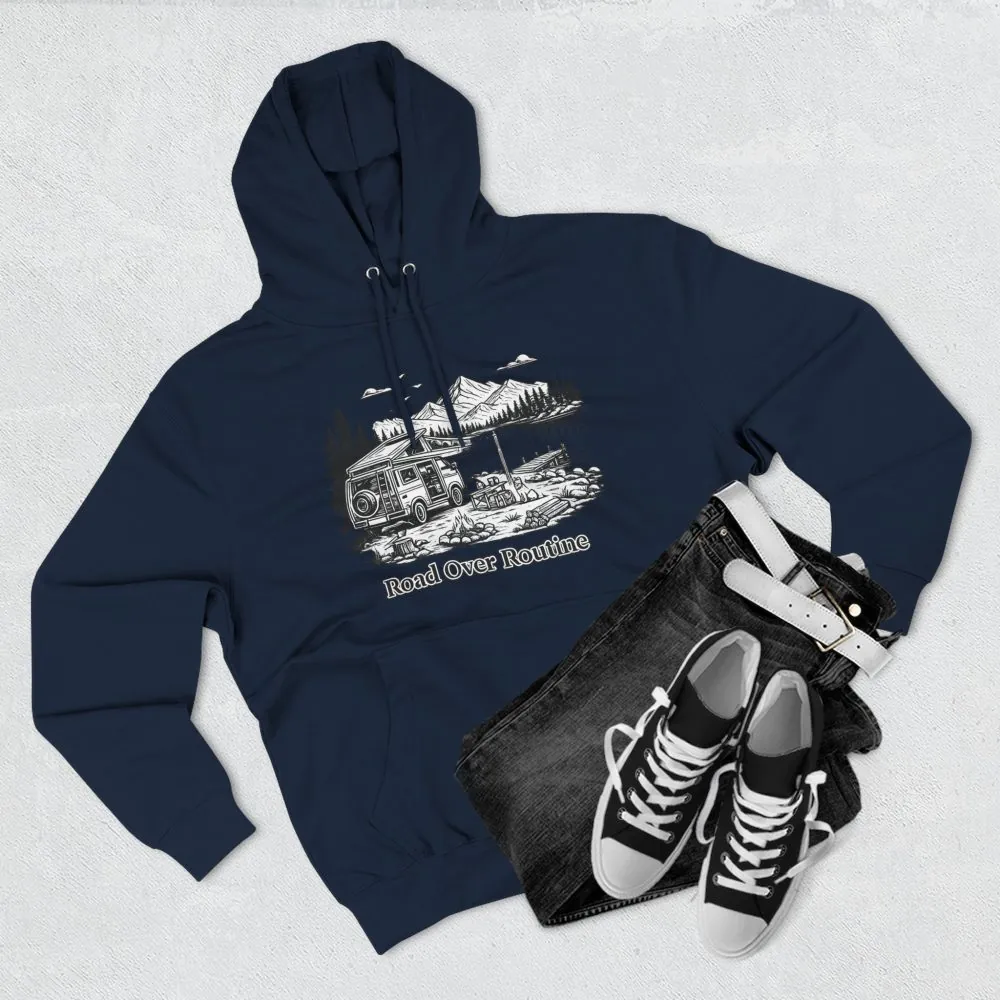 Three-Panel Fleece Hoodie - "Road Over Routine" Design Minimal-Line