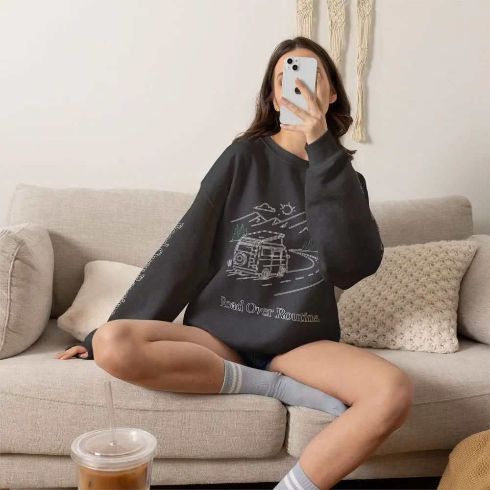 7824505128315161527_2048.jpeg Unisex Heavy Blend™ Crewneck Sweatshirt — "Road Over Routine" Design Minimal-Line