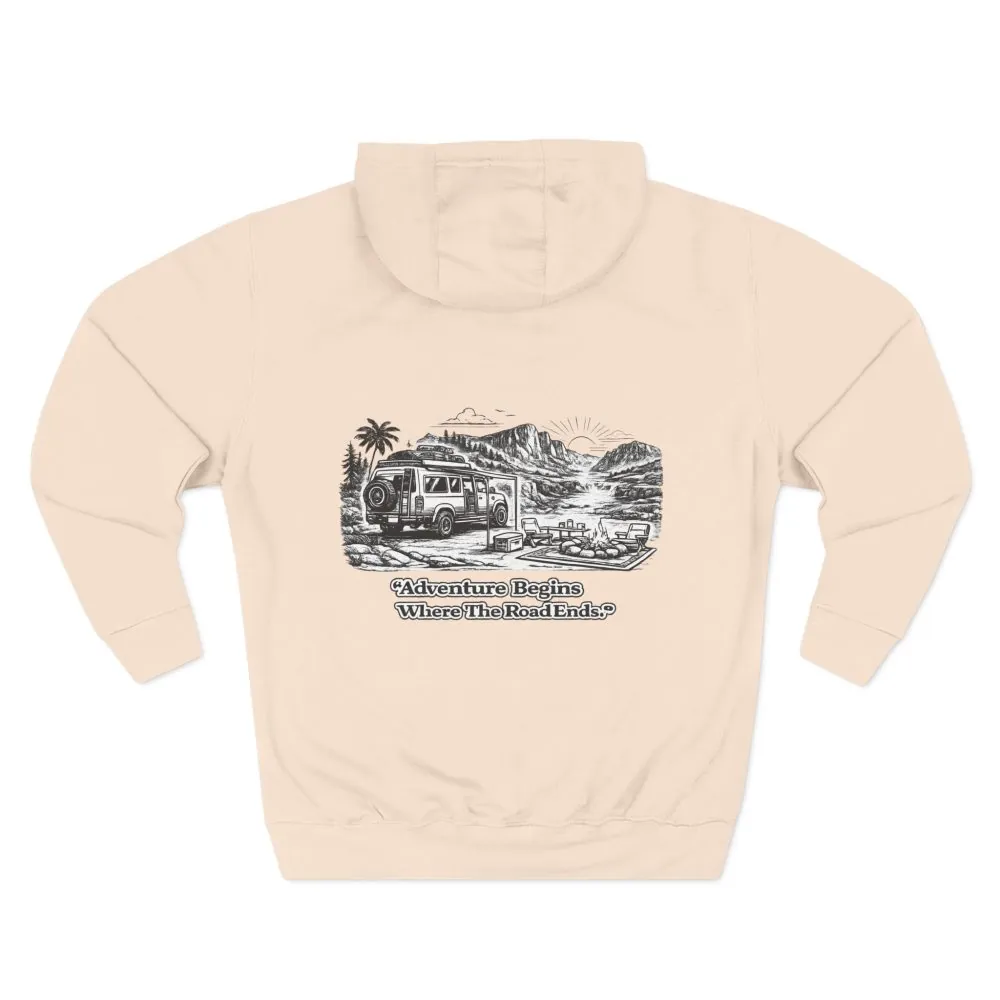7851041682626185387_2048.jpeg Three-Panel Fleece Hoodie - "Adventure Begins Where The Road Ends" Design Minimal-Line