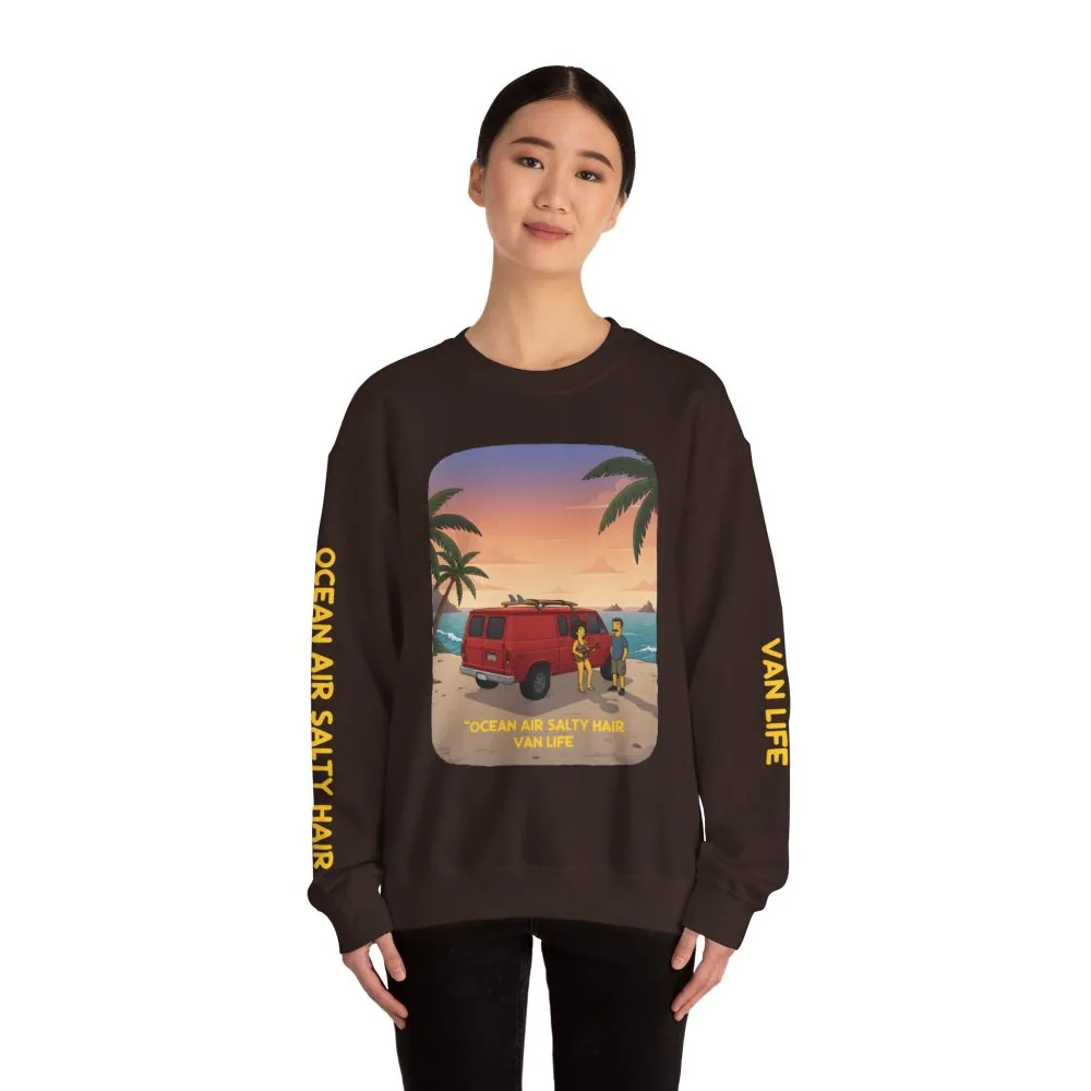 Unisex Heavy Blend™ Crewneck Sweatshirt — "Ocean Air Salty Hair Van Life" Design Sitcom-Line