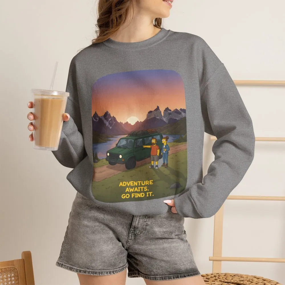 Unisex Heavy Blend™ Crewneck Sweatshirt — "Adventure Awaits-Go Find It" Design Sitcom-Line