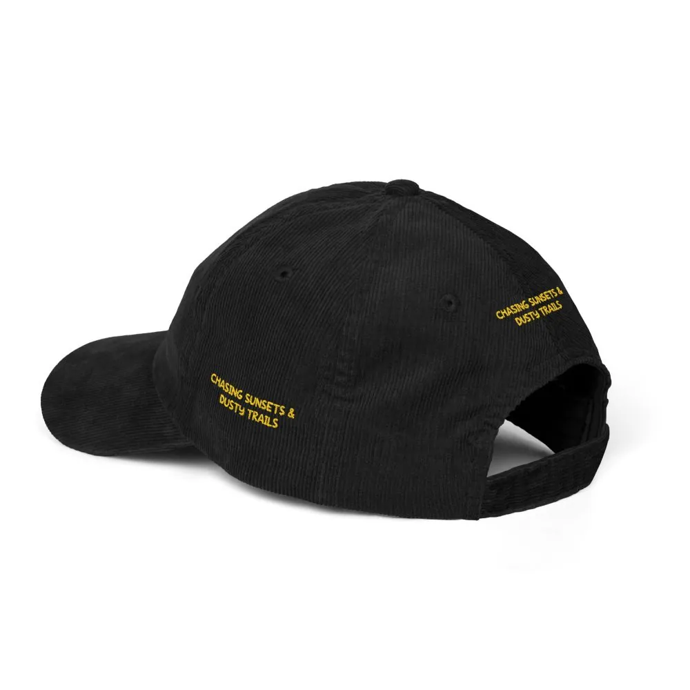 Vintage Corduroy Cap (Embroidery) — "Chasing Sunsets & Dusty Trails" Embroidered Hat