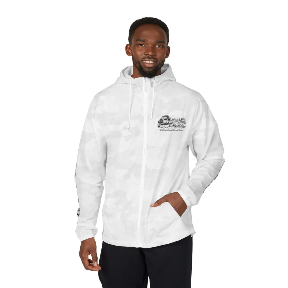 Unisex Full-Zip Windbreaker Jacket — "Explore More, Worry Less" (Design "Minimal-Line")