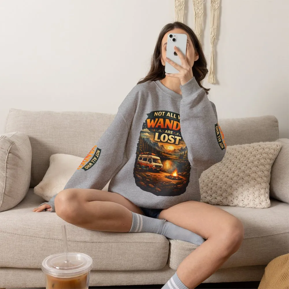 Unisex Heavy Blend™ Crewneck Sweatshirt — "Not All Who Wander Are Lost" Design Scenic-Line