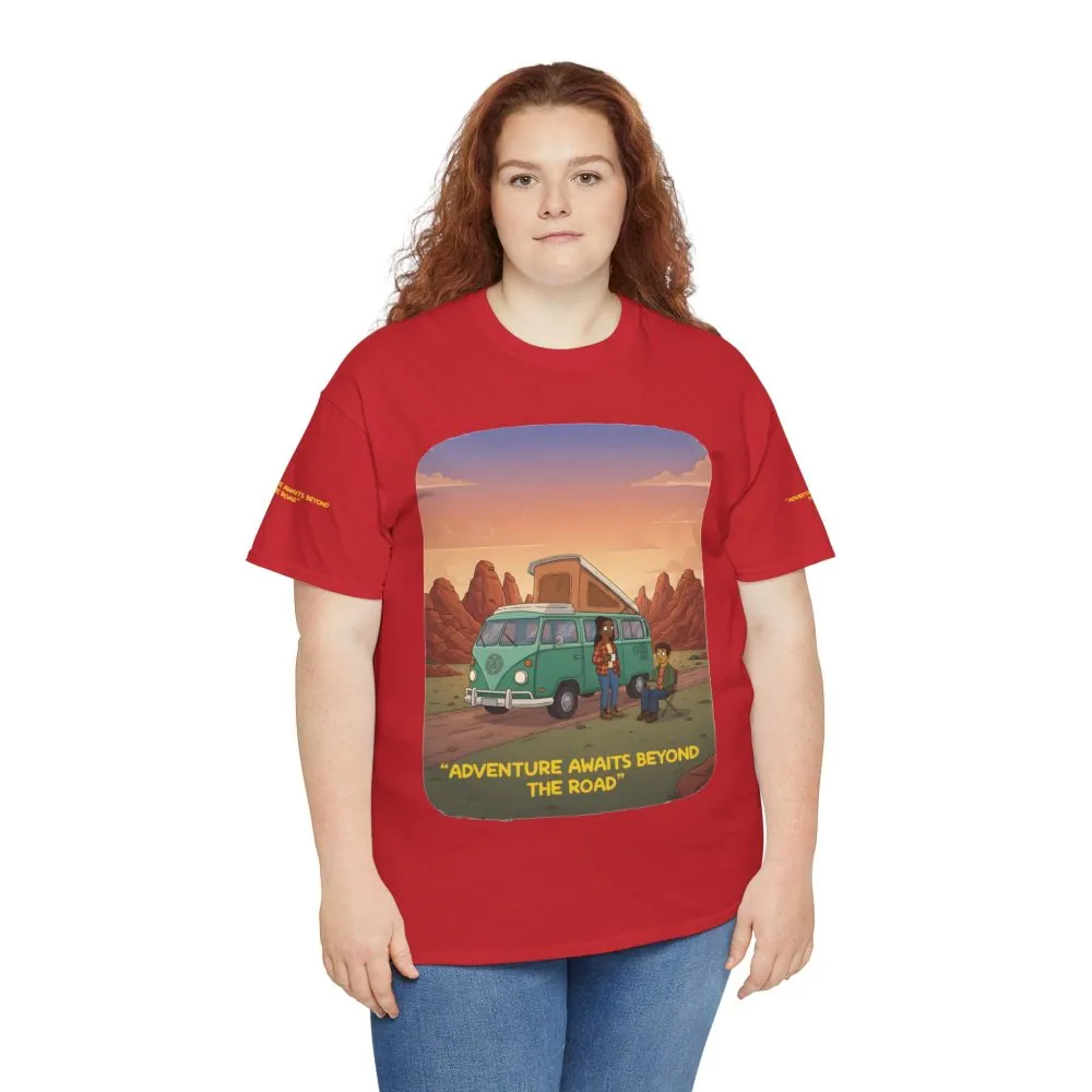 7916460284110000627_2048.jpeg Unisex Heavy Cotton Tee — "Adventure Awaits Beyond The Road" Design Sitcom-Line