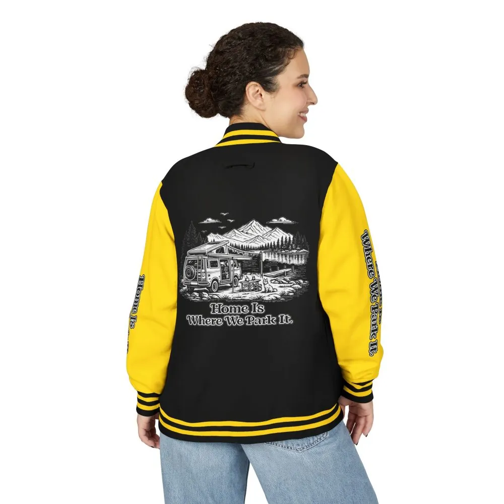 7946756905537568930_2048.jpeg Unisex Heavyweight Letterman Jacket — "Home Is Where You Park It" Travel Varsity Coat