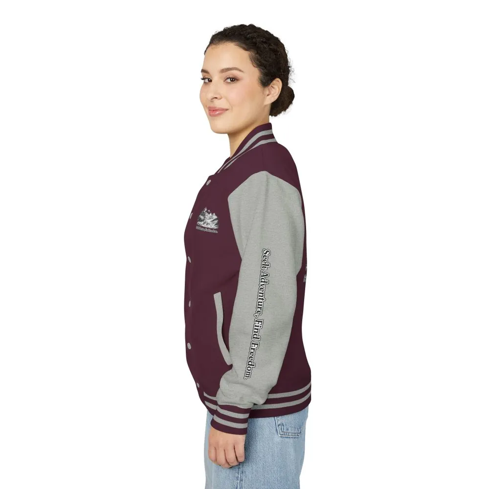 Unisex Heavyweight Letterman Jacket — "Seek Adventure, Find Freedom" Travel Varsity Coat