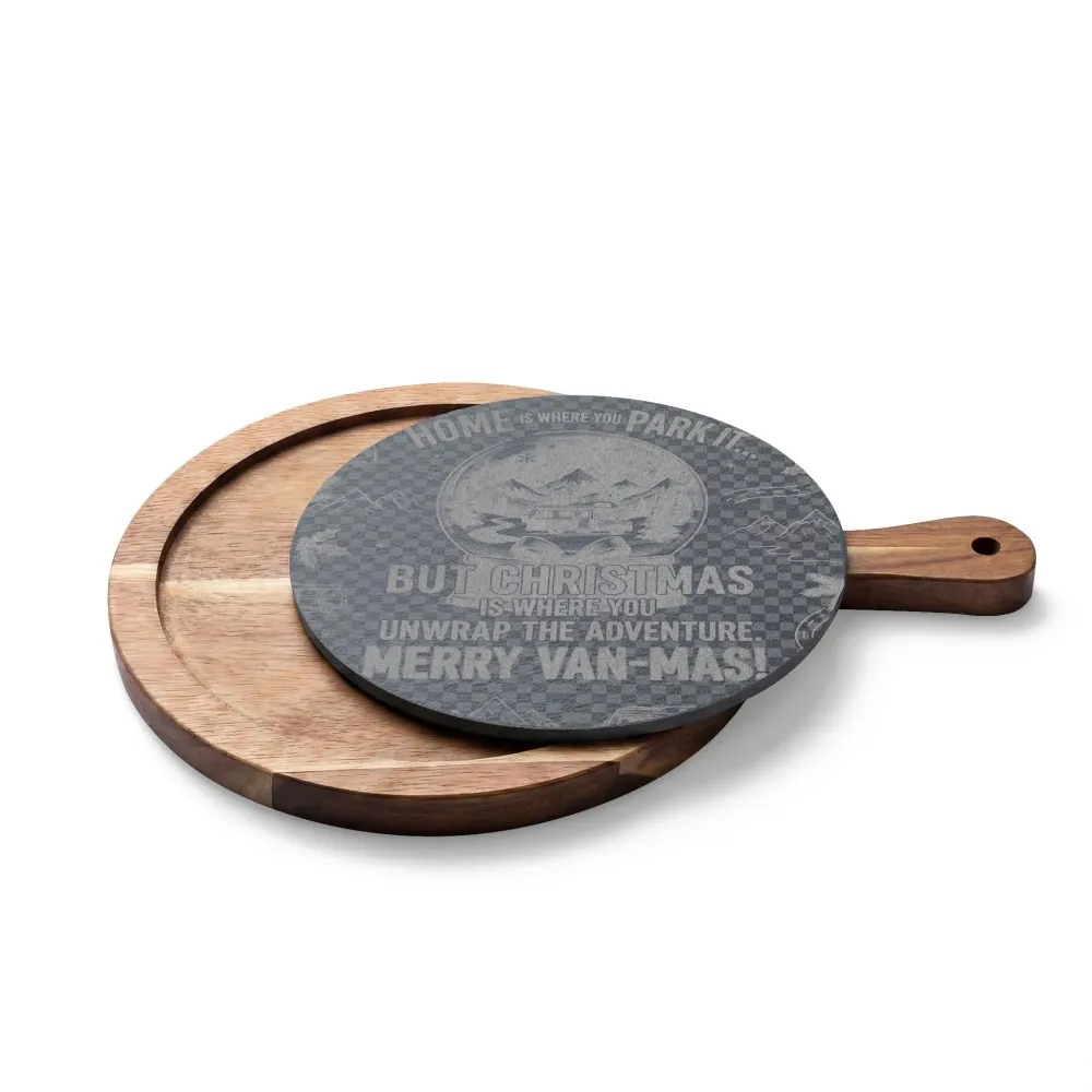 7958529708058790403_2048.jpeg "Gift" Engraved Oak Charcuterie Board with Cheese Tools — "Home Is Where You Park It-But Christmas Is Where You Unwrap The Adventure - Merry Van-mas"