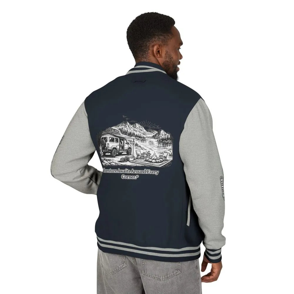 7969452481046467680_2048.jpeg Unisex Heavyweight Letterman Jacket — "Adventure Awaits Around Every Corner" Travel Varsity Coat