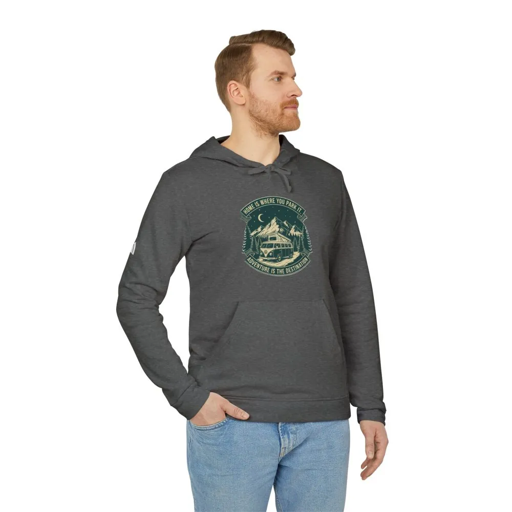 Hoodie(Adidas) — "Home Is Where You Park It-Adventure is the destination" Outdoor Travel Pullover (Front + Back Printed)