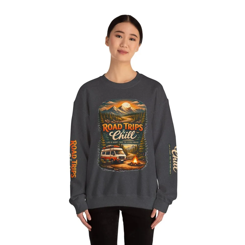 Unisex Heavy Blend™ Crewneck Sweatshirt — "Road Trips & Chill" Design Scenic-Line