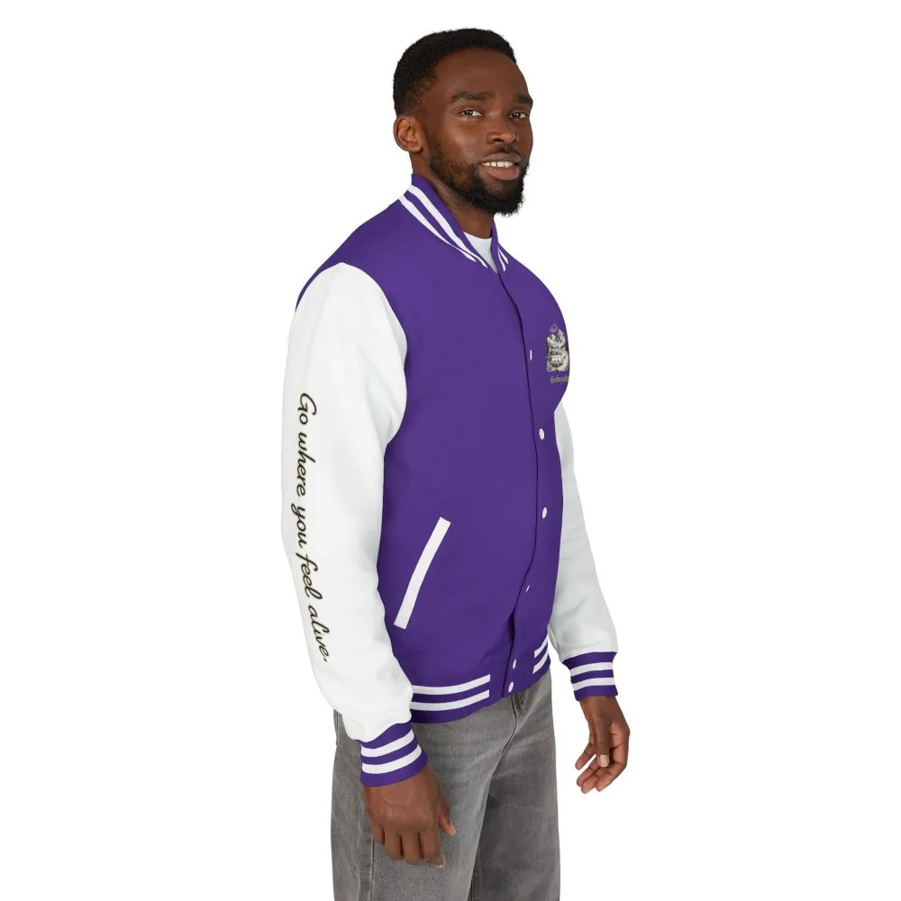 8000881321852240611_2048.jpeg Unisex Heavyweight Letterman Jacket — "Go Where You Feel Alive" Travel Varsity Coat