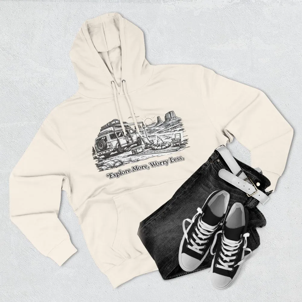 Three-Panel Fleece Hoodie - "Explore More Worry Less" Design Minimal-Line
