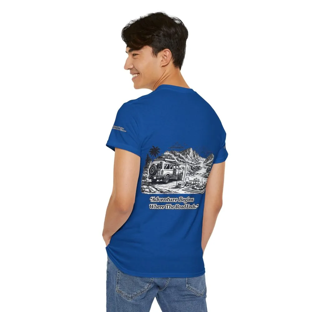 8039255674017856467_2048.jpeg Unisex Heavy Cotton Tee — "Adventure Begins Where The Road Ends" Design Minimal-Line