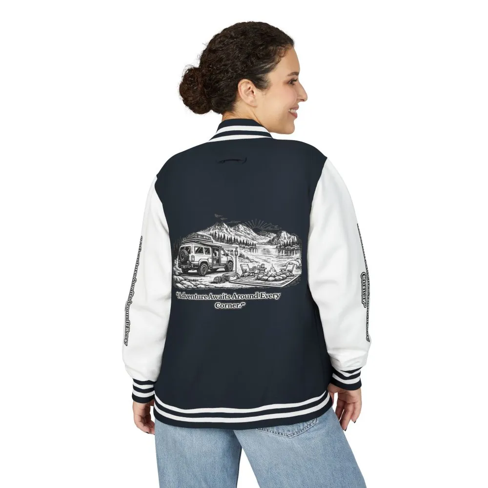 8042315956733472317_2048.jpeg Unisex Heavyweight Letterman Jacket — "Adventure Awaits Around Every Corner" Travel Varsity Coat
