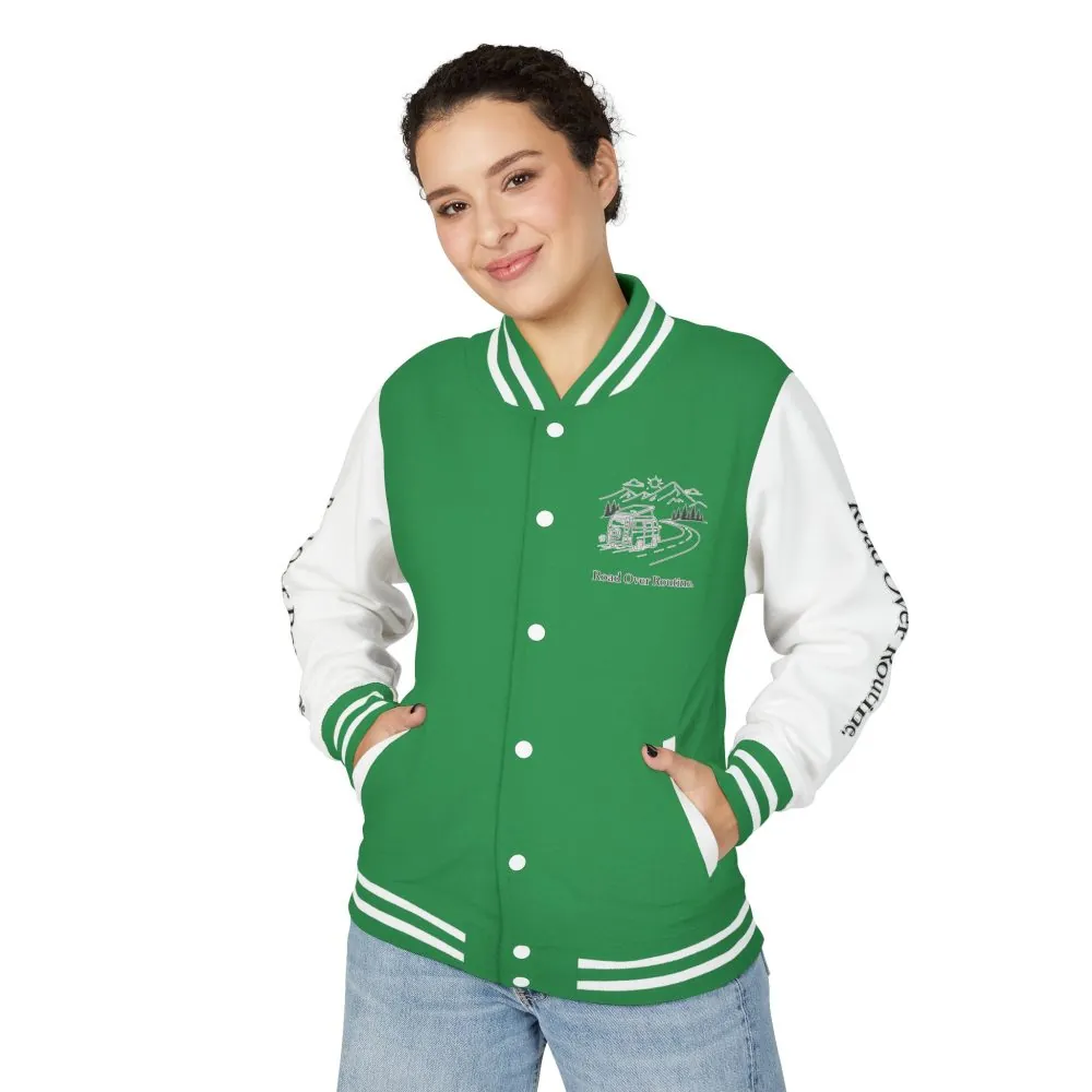 Unisex Heavyweight Letterman Jacket — "Road Over Routine" Travel Varsity Coat