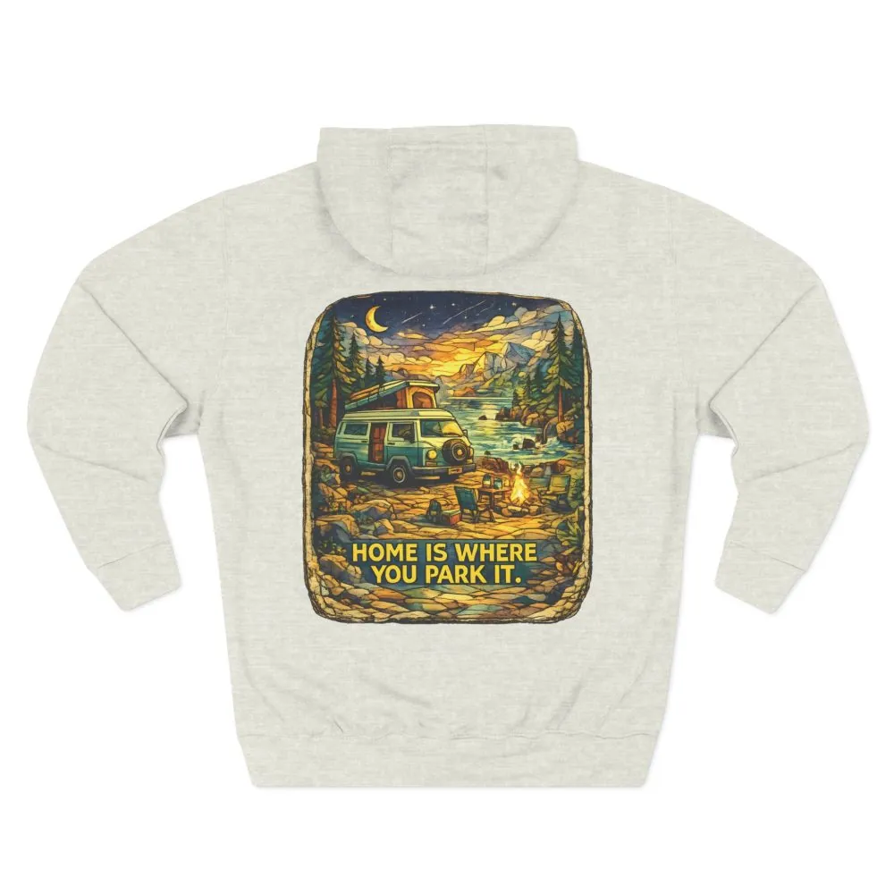 Three-Panel Fleece Hoodie - ""Home Is Where You Park It"" Design Cubic-Line