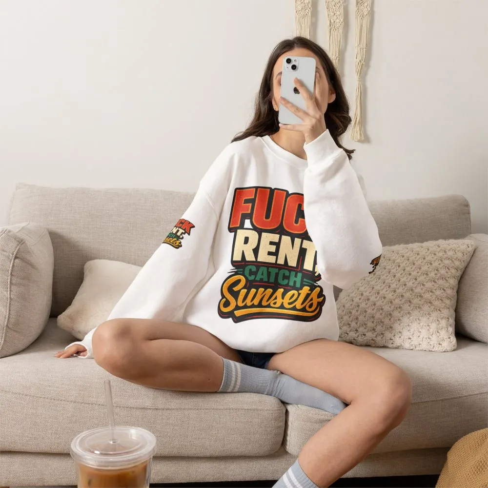 8076930675159384664_2048.jpeg Unisex Heavy Blend™ Crewneck Sweatshirt — "Fuck Rent Catch Sunsets" Design F**K-Line