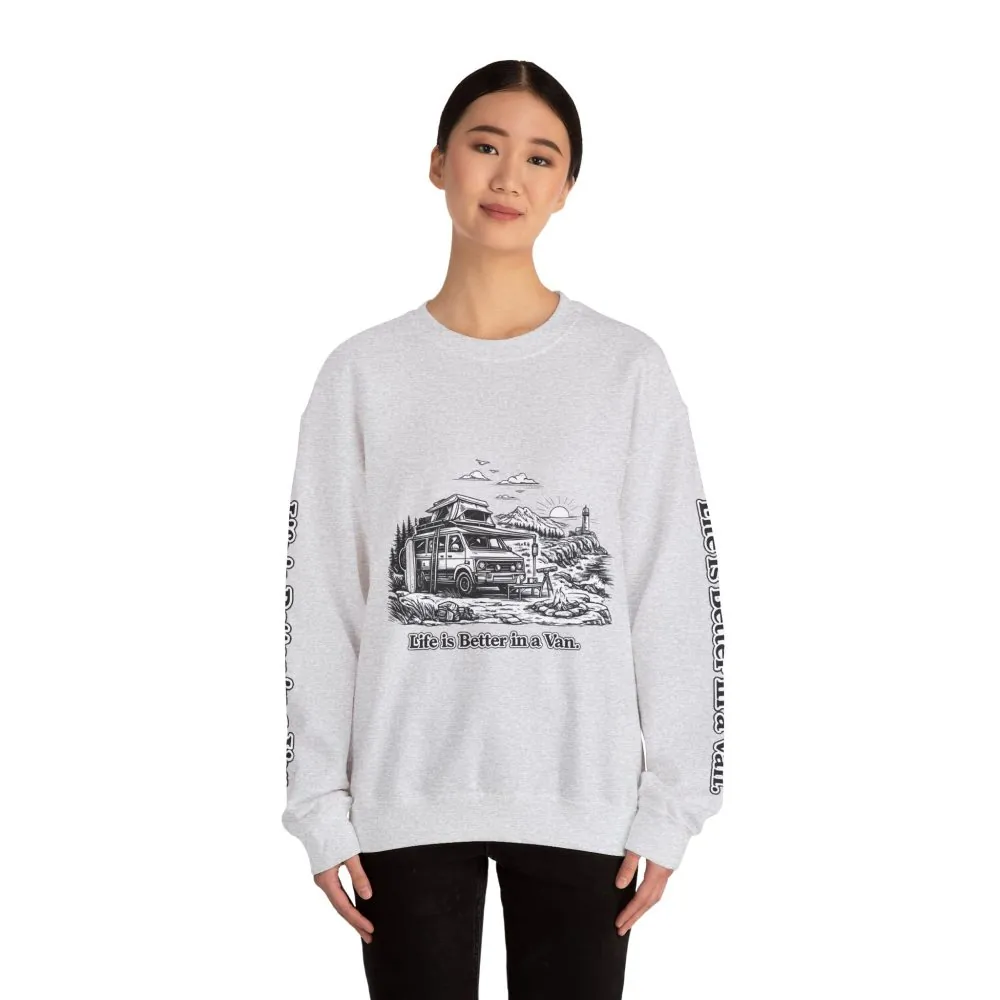 8111569024666647643_2048.jpeg Unisex Heavy Blend™ Crewneck Sweatshirt — "Life Is Better In A Van" Design Minimal-Line