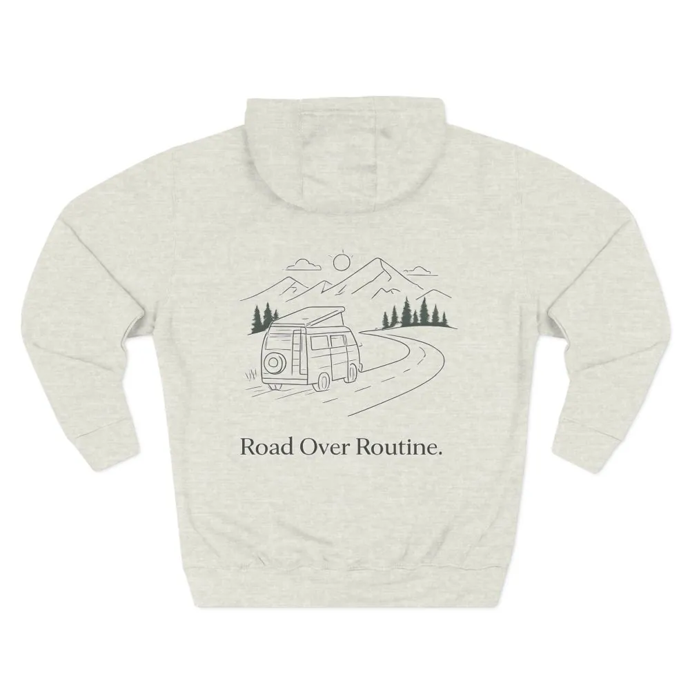 Three-Panel Fleece Hoodie - "Road Over Routine" Design Minimal-Line