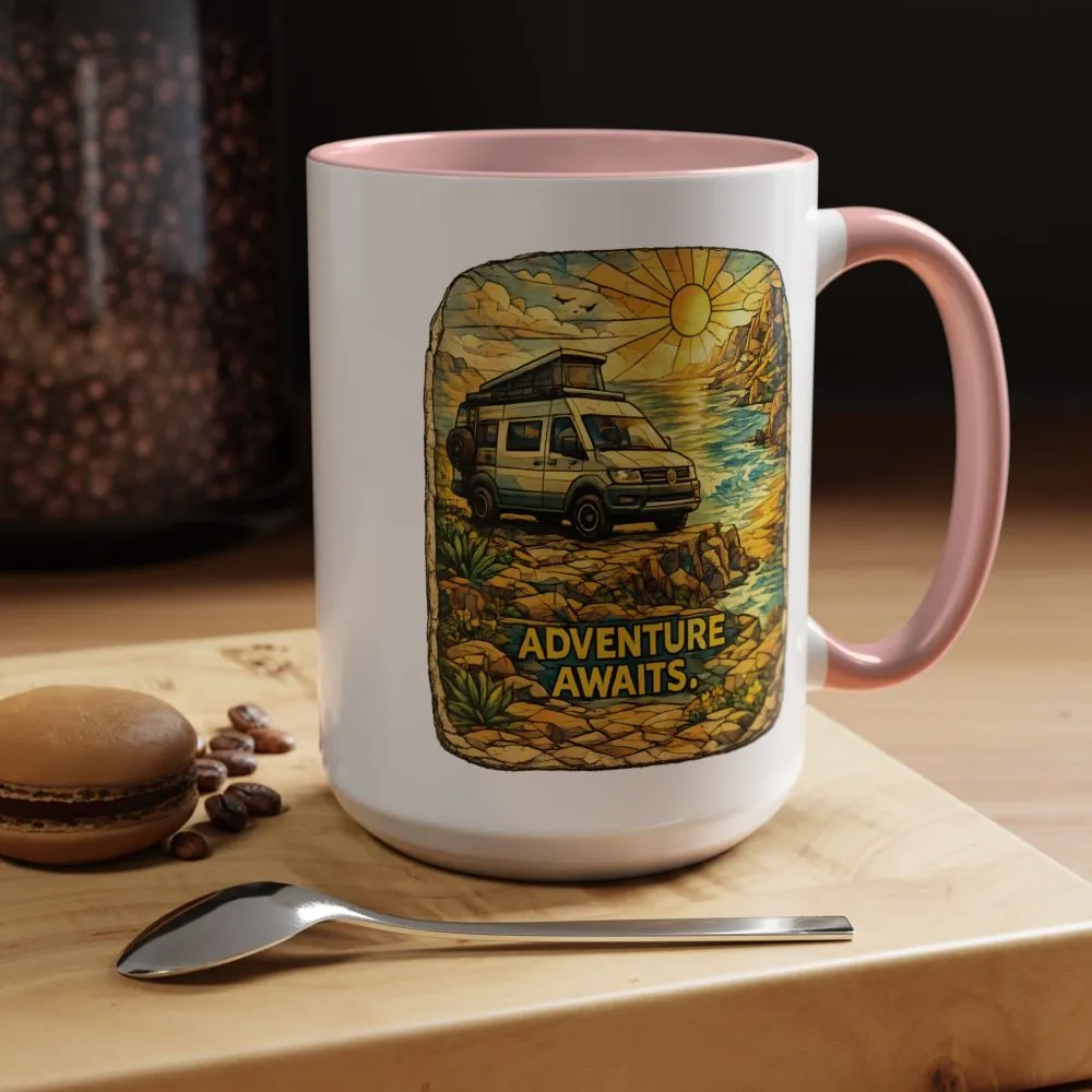 Accent Coffee Mug (11, 15oz) — "Adventure Awaits" Design Cubic-Line