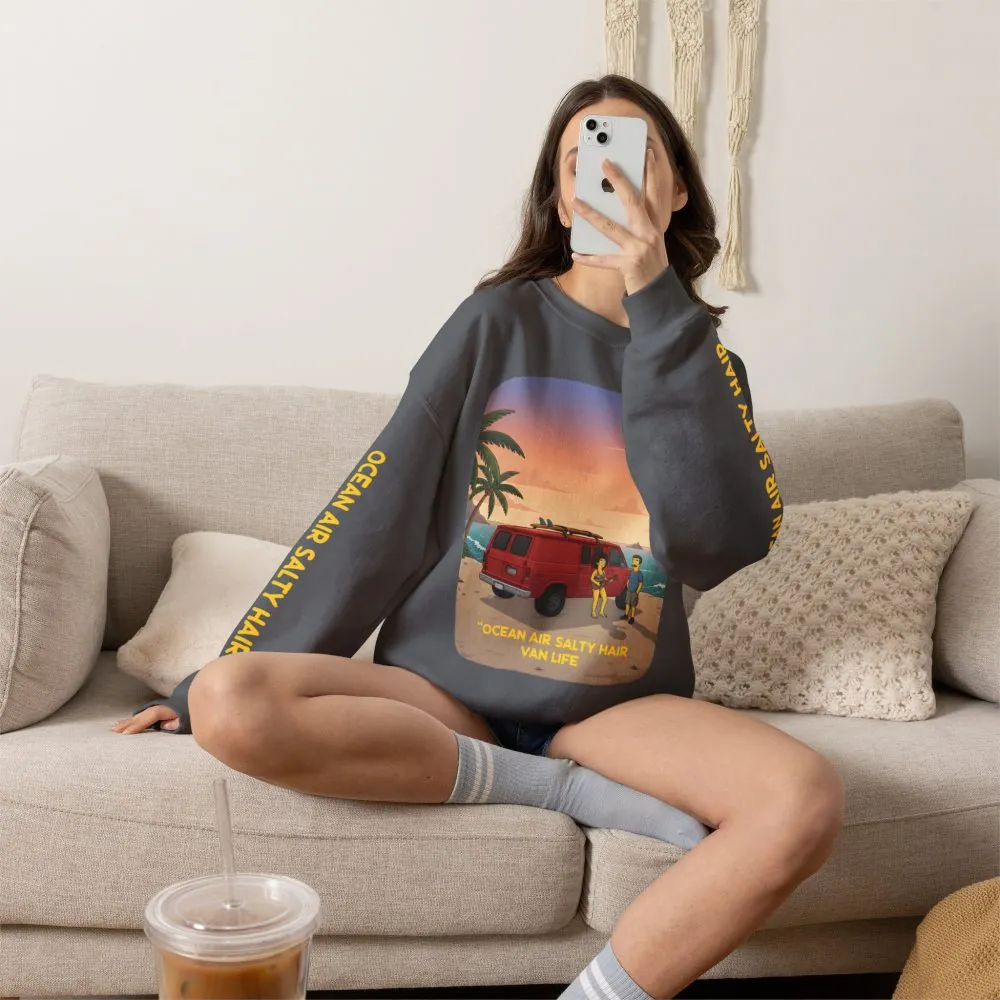 Unisex Heavy Blend™ Crewneck Sweatshirt — "Ocean Air Salty Hair Van Life" Design Sitcom-Line