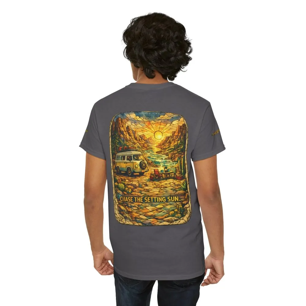 822982185714833948_2048.jpeg Unisex Heavy Cotton Tee — "Chase The Settings Sun" Design Cubic-Line