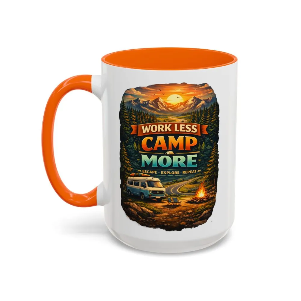 Accent Coffee Mug (11, 15oz) — "Work Less-Camp More" Design Scenic-Line