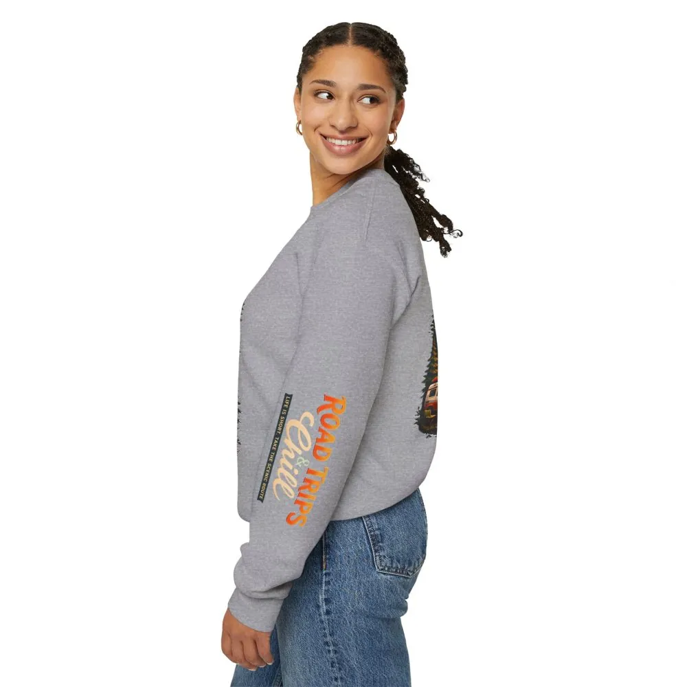 Unisex Heavy Blend™ Crewneck Sweatshirt — "Road Trips & Chill" Design Scenic-Line