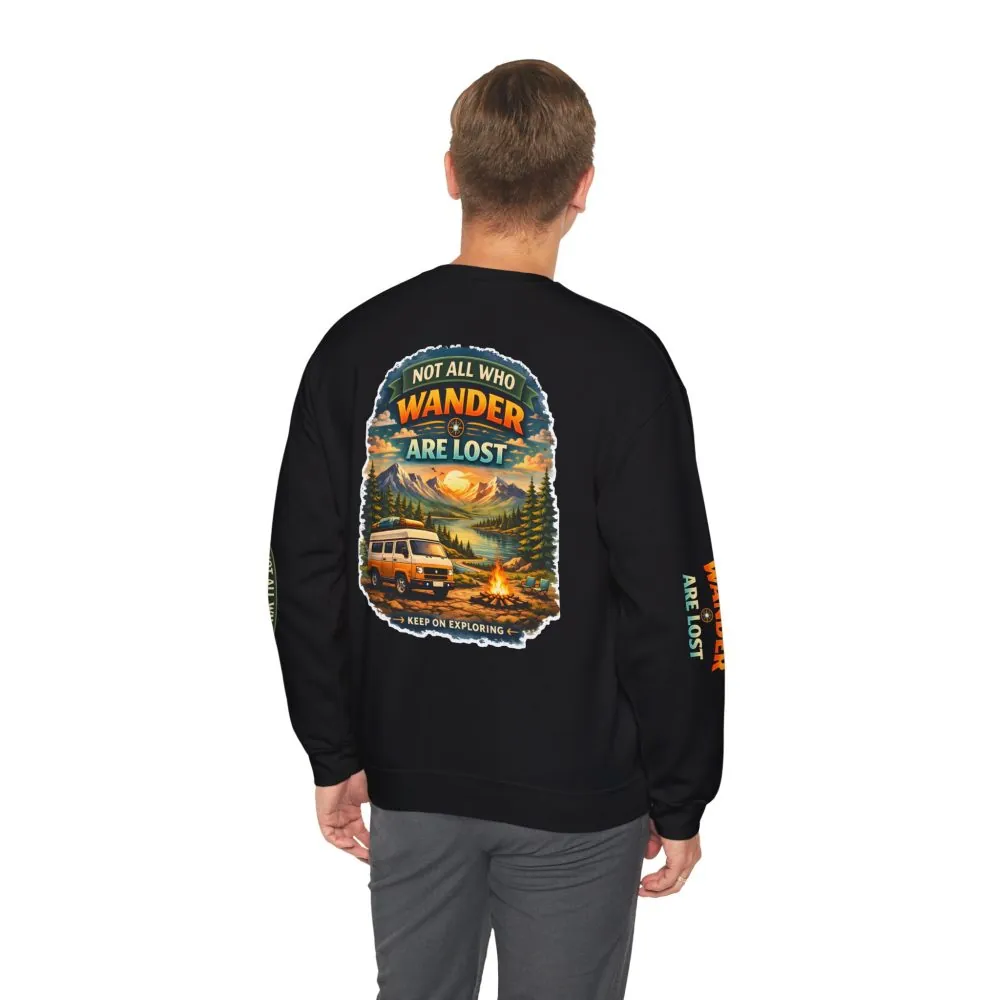 Unisex Heavy Blend™ Crewneck Sweatshirt — "Not All Who Wander Are Lost" Design Scenic-Line