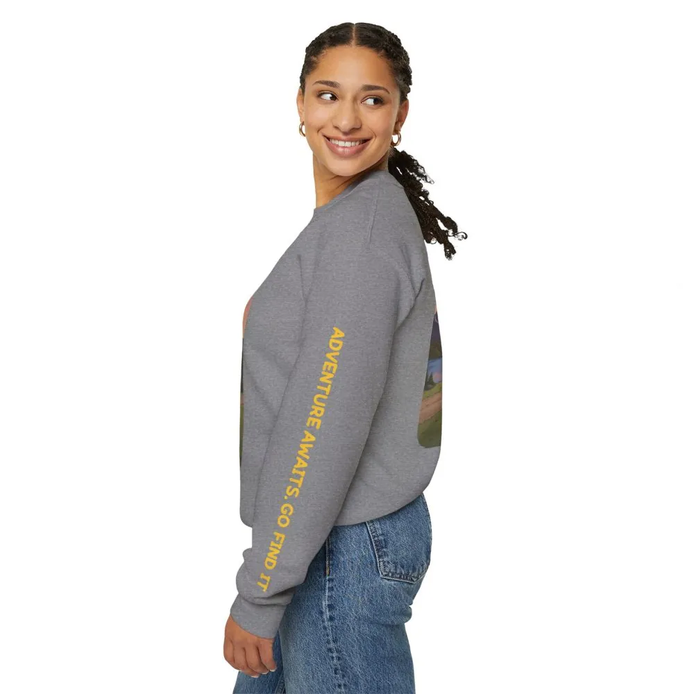 Unisex Heavy Blend™ Crewneck Sweatshirt — "Adventure Awaits-Go Find It" Design Sitcom-Line
