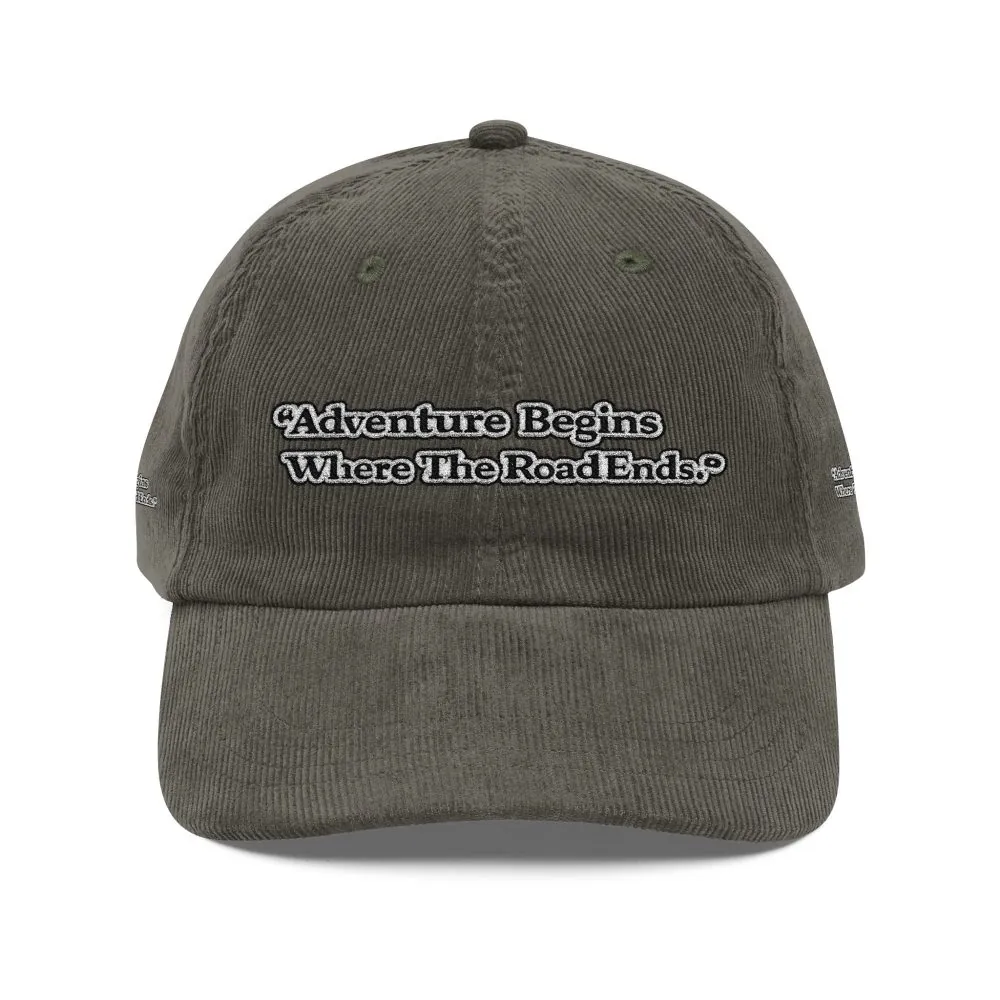 8303529166937932263_2048.jpeg Vintage Corduroy Cap (Embroidery) — "Adventure Begins Where The Road Ends" Embroidered Hat