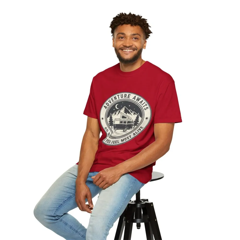 832177295152979307_2048.jpeg T-Shirt — "Adventure Awaits-Go Where You Feel Most Alive" (Only Front Printed) Outdoor Travel Tee