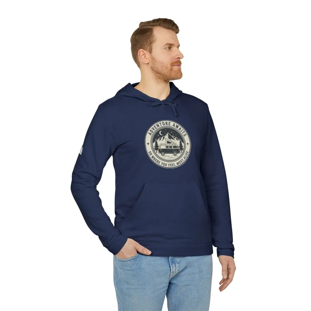 Hoodie(Adidas) — 'Adventure Awaits-Go Where You Feel Most Alive' Outdoor Travel Pullover (Only Front Printed)