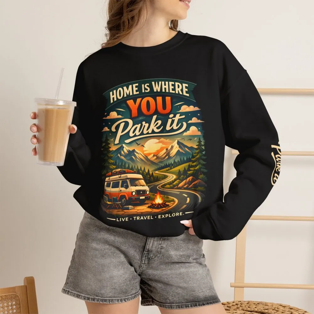 Unisex Heavy Blend™ Crewneck Sweatshirt — "Home Is Where You Park It" Design Scenic-Line