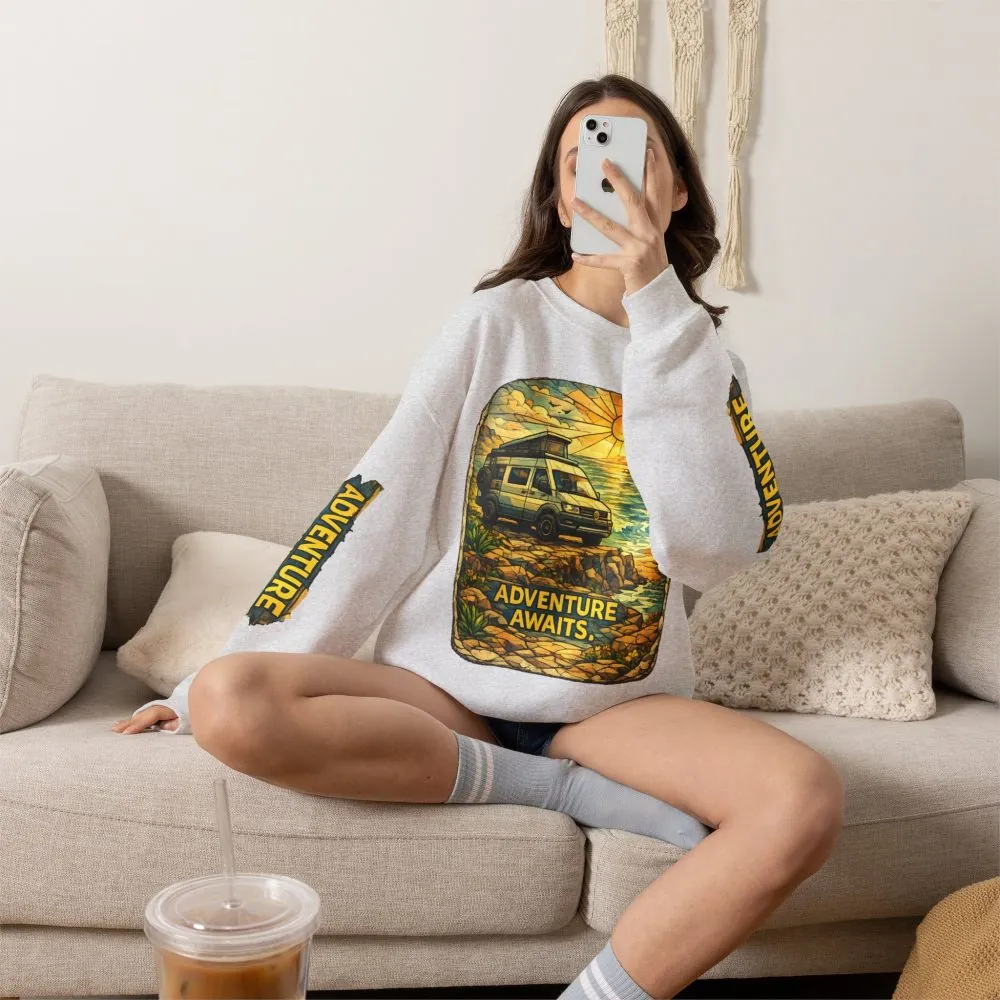 Unisex Heavy Blend™ Crewneck Sweatshirt — "Adventure Awaits" Design Cubic-Line