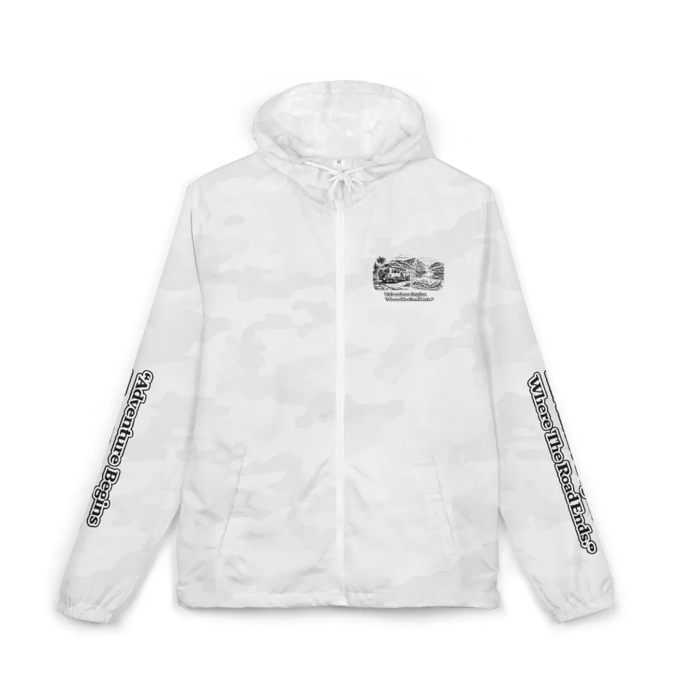 Unisex Full-Zip Windbreaker Jacket — "Adventure Begins Where Roads End" (Design "Minimal-Line")