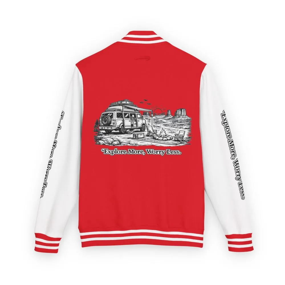8396002702483976409_2048.jpeg Unisex Heavyweight Letterman Jacket — "Explore More Worry Less" Travel Varsity Coat