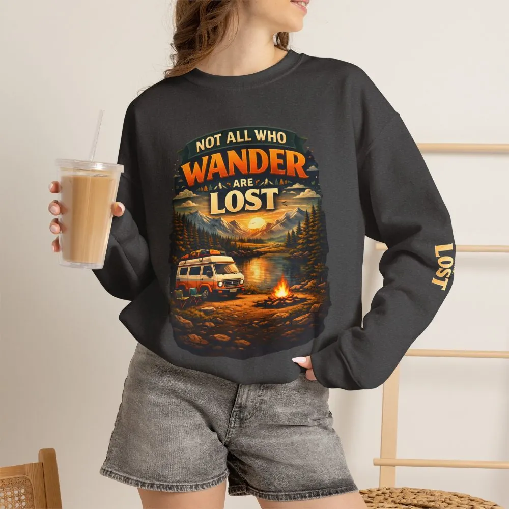 Unisex Heavy Blend™ Crewneck Sweatshirt — "Not All Who Wander Are Lost" Design Scenic-Line